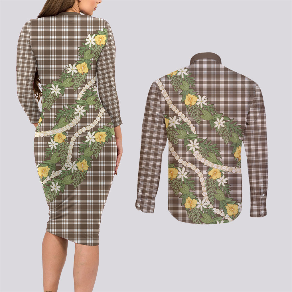 Aloha Puakenikeni Anthurium Pikake Lei Couples Matching Long Sleeve Bodycon Dress and Long Sleeve Button Shirt Chocolate Hawaiian Palaka Pattern