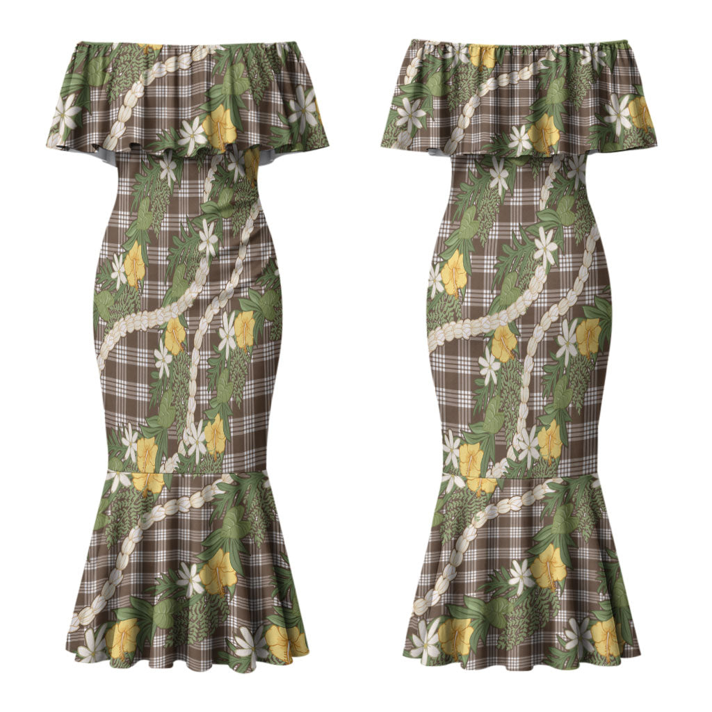 Aloha Puakenikeni Anthurium Pikake Lei Couples Matching Mermaid Dress and Hawaiian Shirt Chocolate Hawaiian Palaka Pattern LT9 - Polynesian Pride