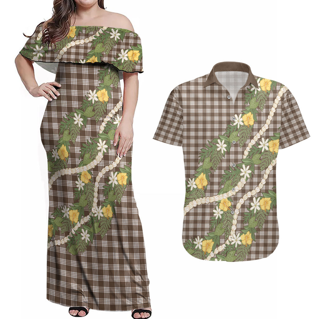 Aloha Puakenikeni Anthurium Pikake Lei Couples Matching Off Shoulder Maxi Dress and Hawaiian Shirt Chocolate Hawaiian Palaka Pattern LT9 Chocolate - Polynesian Pride