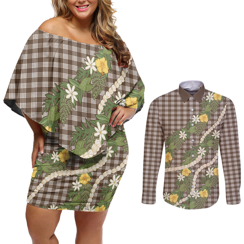 Aloha Puakenikeni Anthurium Pikake Lei Couples Matching Off Shoulder Short Dress and Long Sleeve Button Shirt Chocolate Hawaiian Palaka Pattern