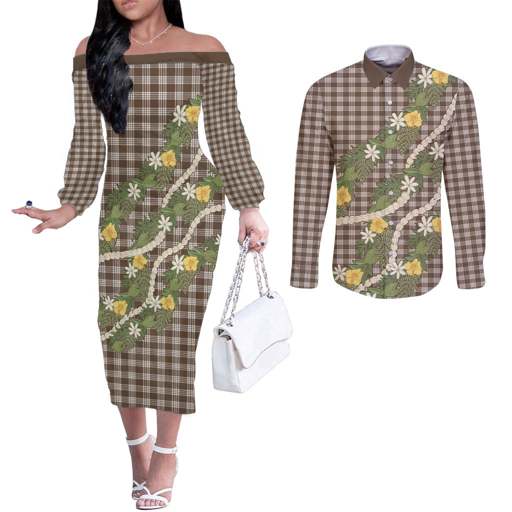 Aloha Puakenikeni Anthurium Pikake Lei Couples Matching Off The Shoulder Long Sleeve Dress and Long Sleeve Button Shirt Chocolate Hawaiian Palaka Pattern