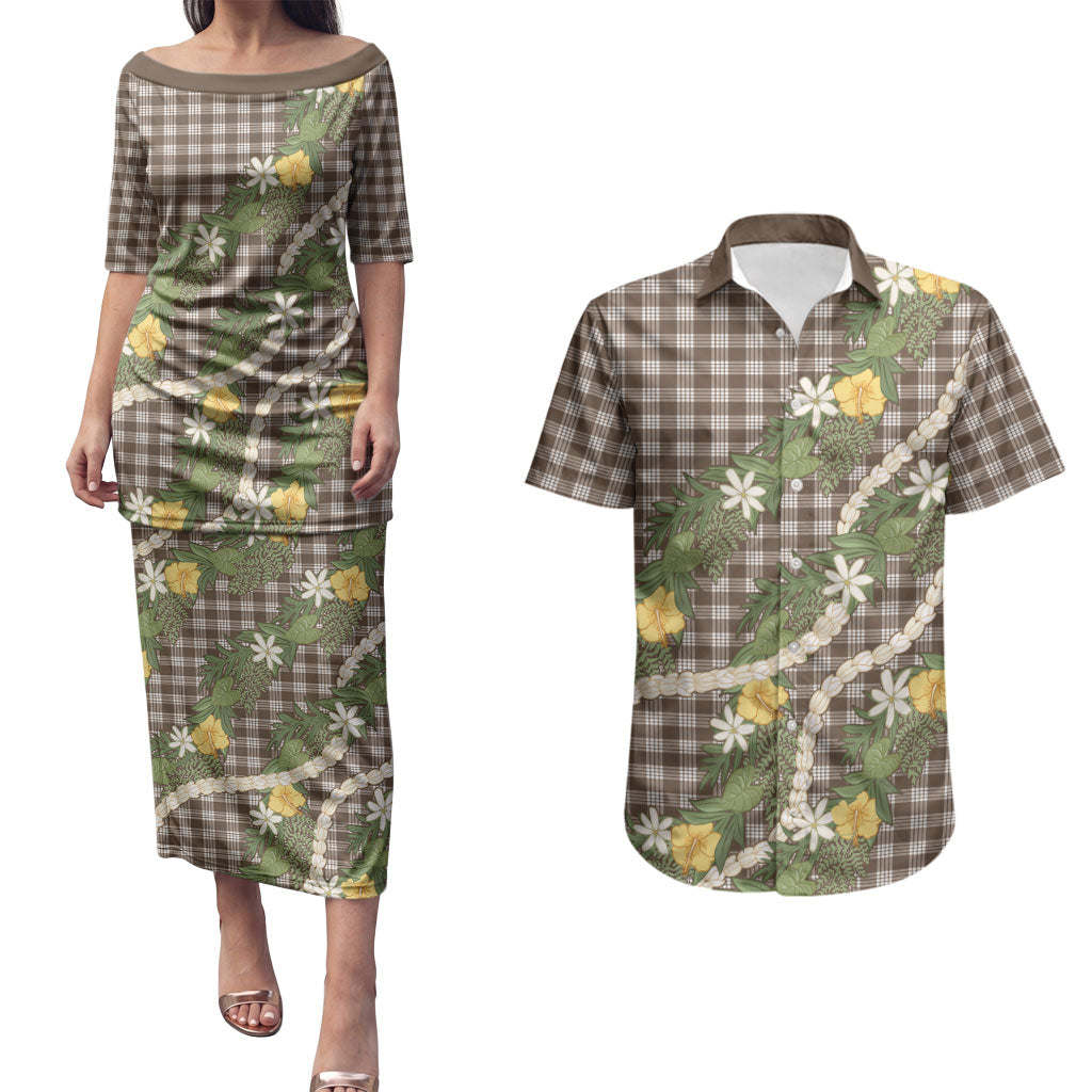 Aloha Puakenikeni Anthurium Pikake Lei Couples Matching Puletasi and Hawaiian Shirt Chocolate Hawaiian Palaka Pattern LT9 Chocolate - Polynesian Pride
