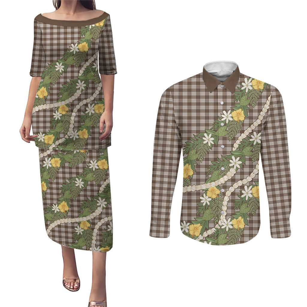 Aloha Puakenikeni Anthurium Pikake Lei Couples Matching Puletasi and Long Sleeve Button Shirt Chocolate Hawaiian Palaka Pattern