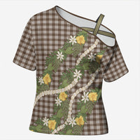 Aloha Puakenikeni Anthurium Pikake Lei Cross Shoulder Shirt Chocolate Hawaiian Palaka Pattern