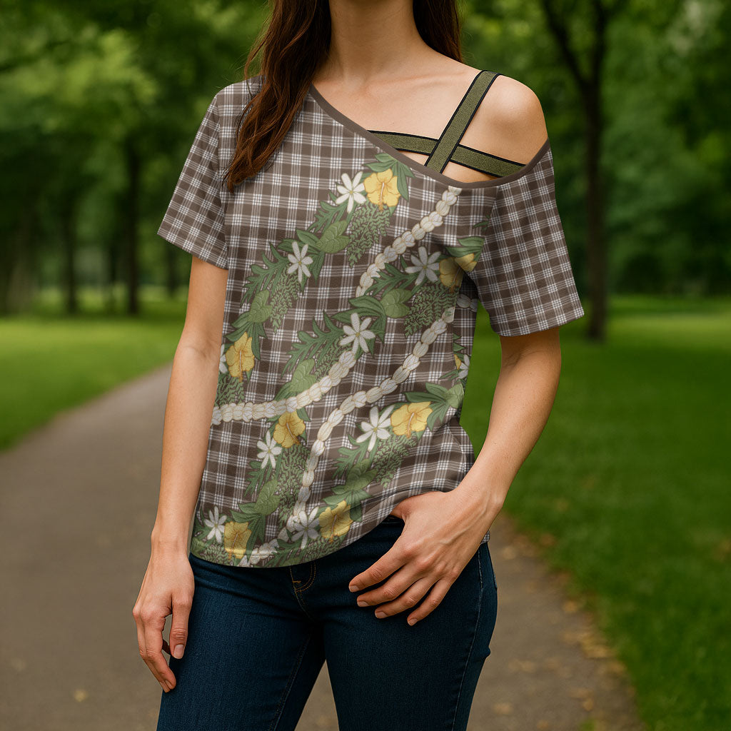 Aloha Puakenikeni Anthurium Pikake Lei Cross Shoulder Shirt Chocolate Hawaiian Palaka Pattern