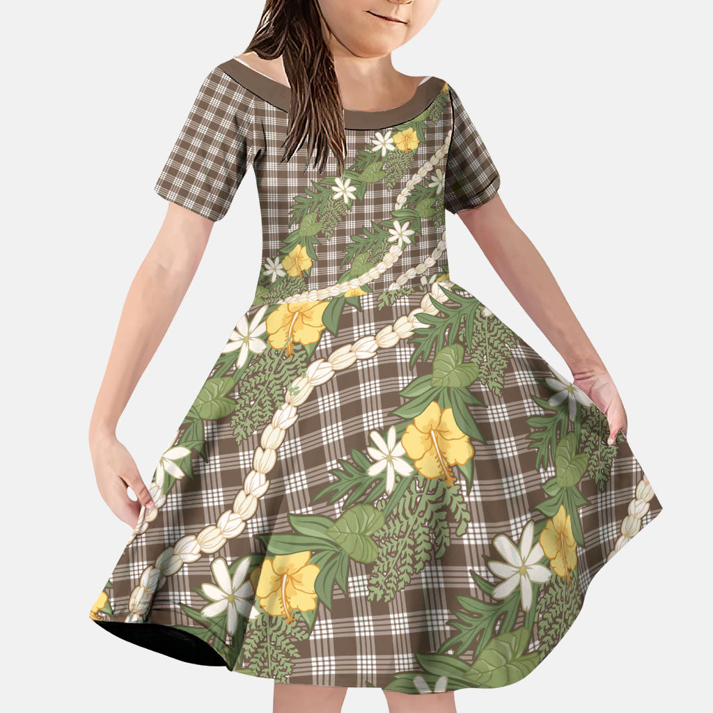 Aloha Puakenikeni Anthurium Pikake Lei Family Matching Long Sleeve Bodycon Dress and Hawaiian Shirt Chocolate Hawaiian Palaka Pattern