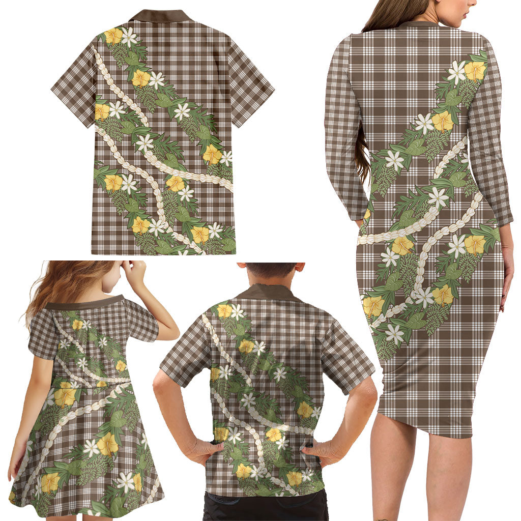 Aloha Puakenikeni Anthurium Pikake Lei Family Matching Long Sleeve Bodycon Dress and Hawaiian Shirt Chocolate Hawaiian Palaka Pattern