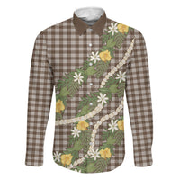Aloha Puakenikeni Anthurium Pikake Lei Family Matching Long Sleeve Bodycon Dress and Hawaiian Shirt Chocolate Hawaiian Palaka Pattern