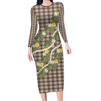 Aloha Puakenikeni Anthurium Pikake Lei Family Matching Long Sleeve Bodycon Dress and Hawaiian Shirt Chocolate Hawaiian Palaka Pattern