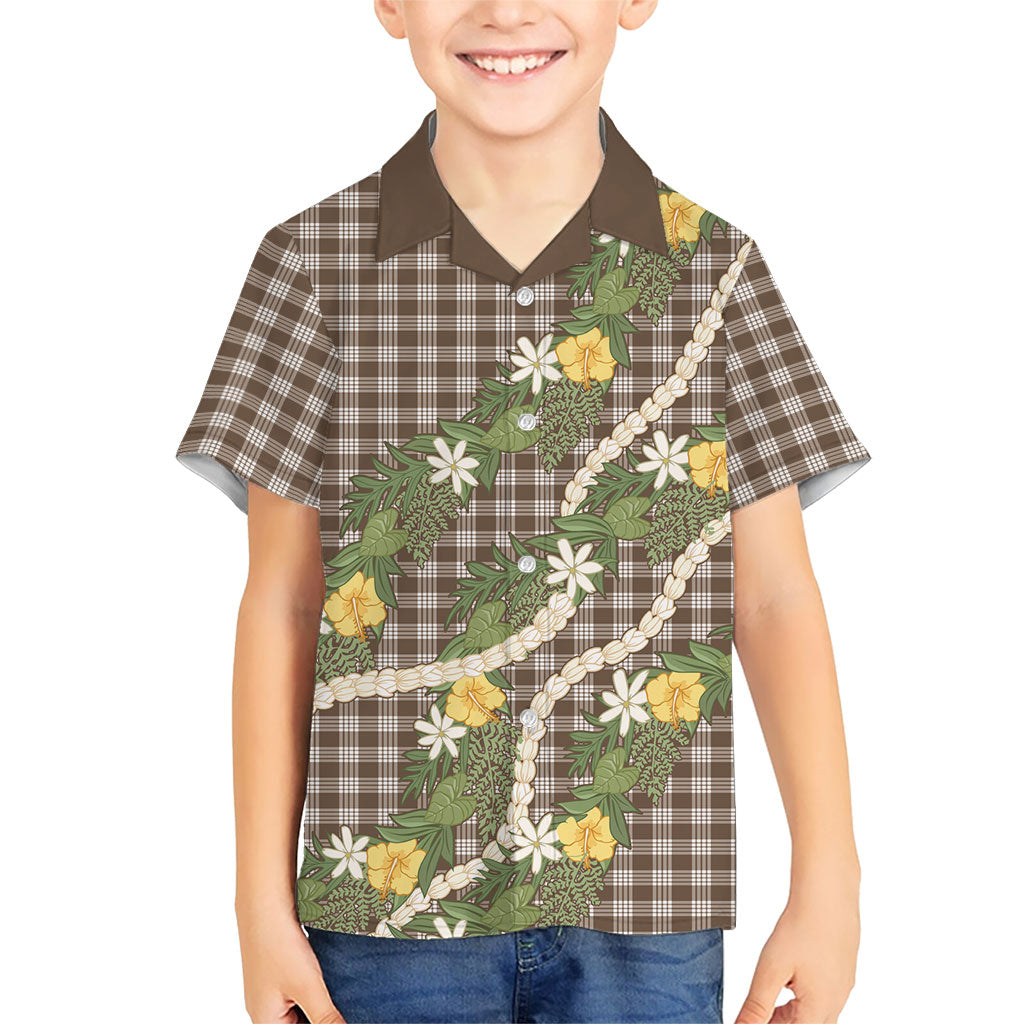 Aloha Puakenikeni Anthurium Pikake Lei Family Matching Long Sleeve Bodycon Dress and Hawaiian Shirt Chocolate Hawaiian Palaka Pattern