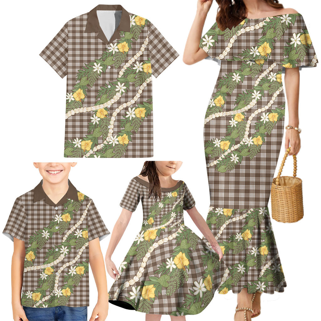 Aloha Puakenikeni Anthurium Pikake Lei Family Matching Mermaid Dress and Hawaiian Shirt Chocolate Hawaiian Palaka Pattern