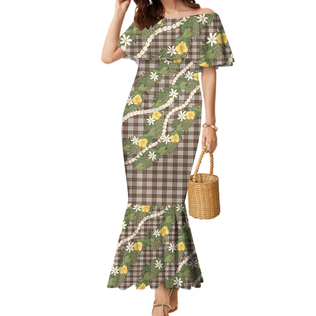 Aloha Puakenikeni Anthurium Pikake Lei Family Matching Mermaid Dress and Hawaiian Shirt Chocolate Hawaiian Palaka Pattern