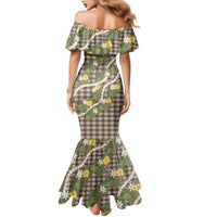 Aloha Puakenikeni Anthurium Pikake Lei Family Matching Mermaid Dress and Hawaiian Shirt Chocolate Hawaiian Palaka Pattern