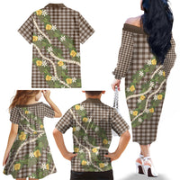 Aloha Puakenikeni Anthurium Pikake Lei Family Matching Off The Shoulder Long Sleeve Dress and Hawaiian Shirt Chocolate Hawaiian Palaka Pattern