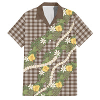 Aloha Puakenikeni Anthurium Pikake Lei Family Matching Off The Shoulder Long Sleeve Dress and Hawaiian Shirt Chocolate Hawaiian Palaka Pattern