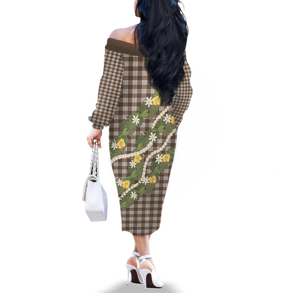 Aloha Puakenikeni Anthurium Pikake Lei Family Matching Off The Shoulder Long Sleeve Dress and Hawaiian Shirt Chocolate Hawaiian Palaka Pattern