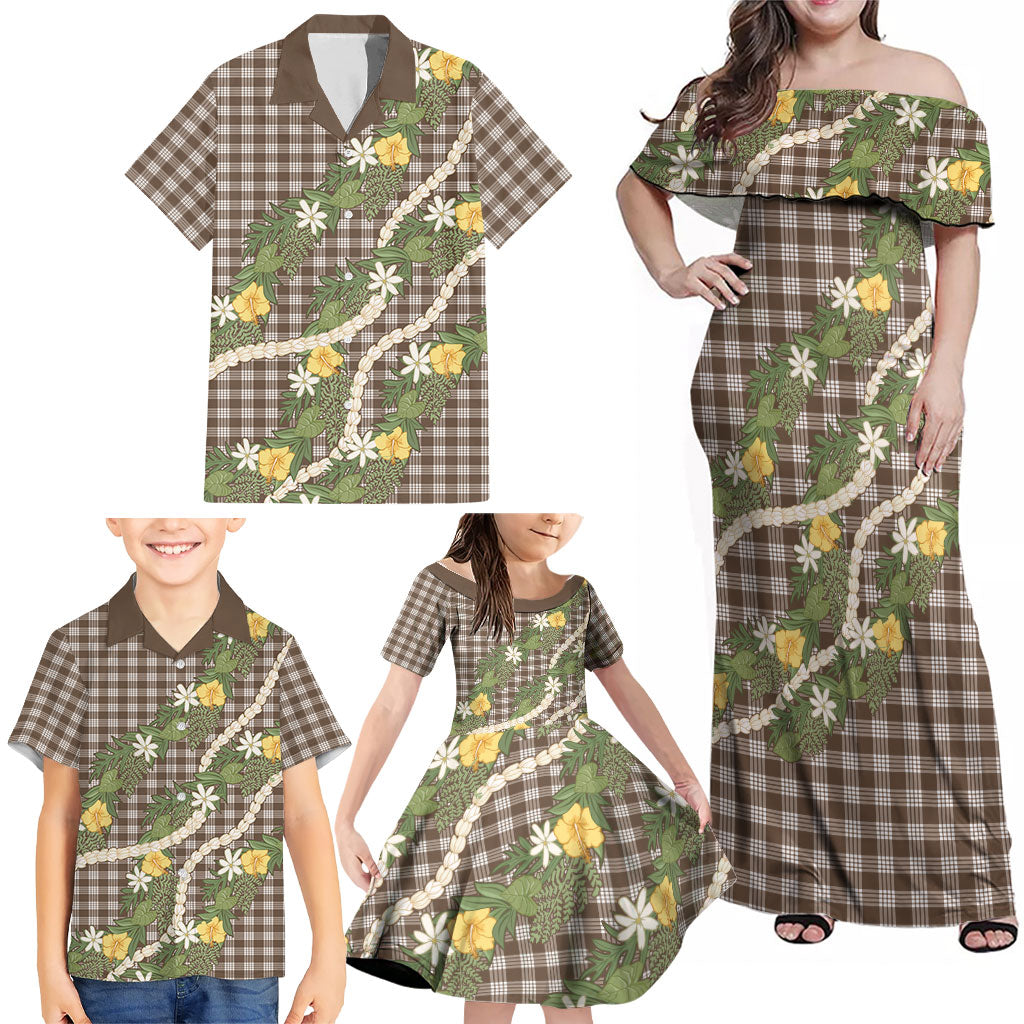 Aloha Puakenikeni Anthurium Pikake Lei Family Matching Off Shoulder Maxi Dress and Hawaiian Shirt Chocolate Hawaiian Palaka Pattern