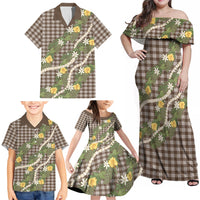 Aloha Puakenikeni Anthurium Pikake Lei Family Matching Off Shoulder Maxi Dress and Hawaiian Shirt Chocolate Hawaiian Palaka Pattern