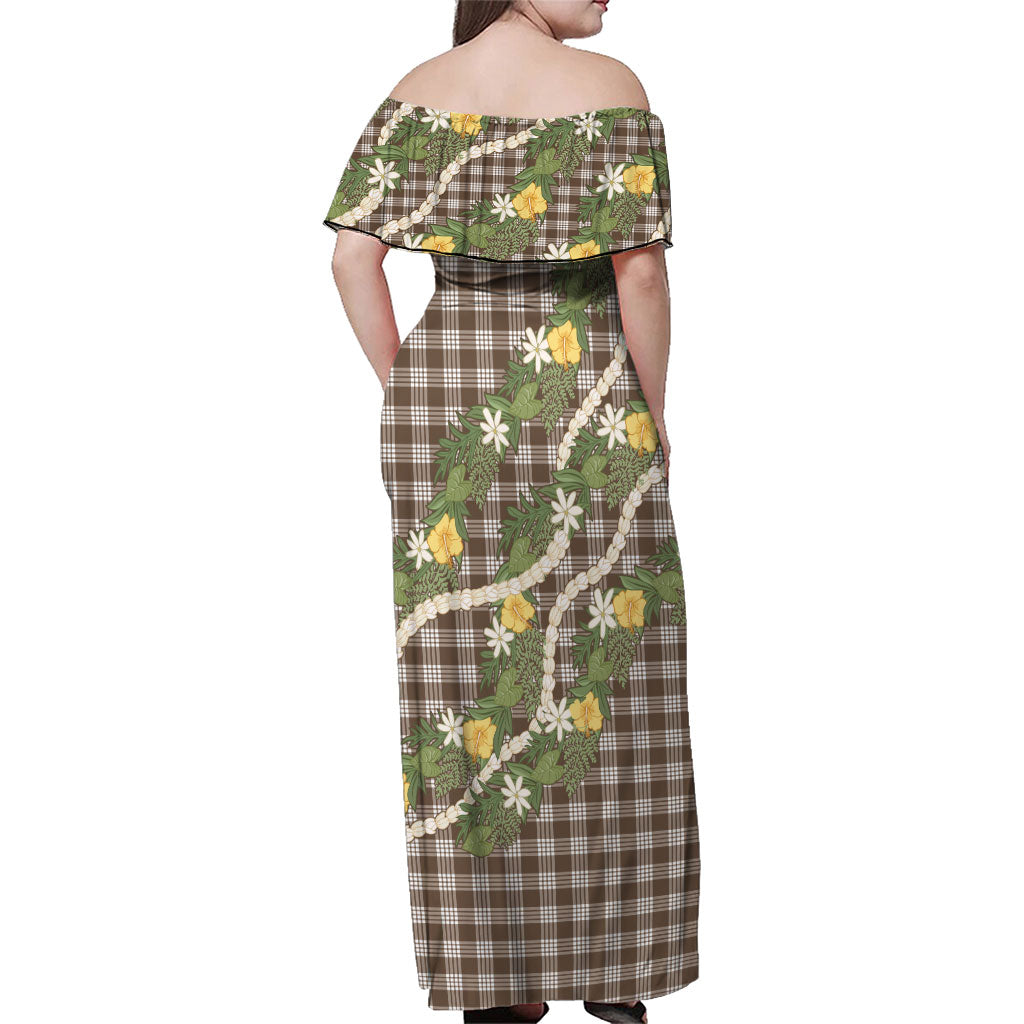 Aloha Puakenikeni Anthurium Pikake Lei Family Matching Off Shoulder Maxi Dress and Hawaiian Shirt Chocolate Hawaiian Palaka Pattern