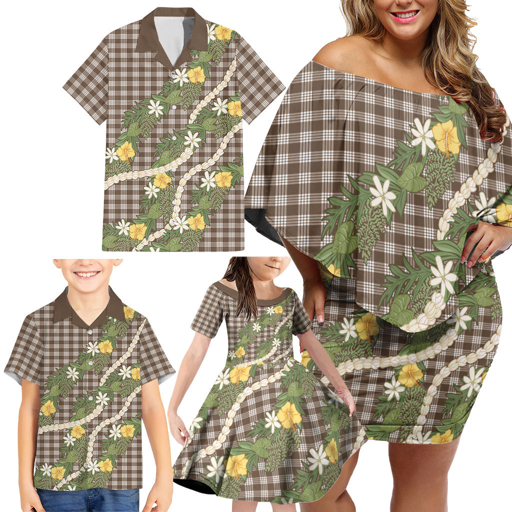 Aloha Puakenikeni Anthurium Pikake Lei Family Matching Off Shoulder Short Dress and Hawaiian Shirt Chocolate Hawaiian Palaka Pattern