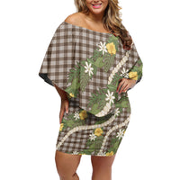 Aloha Puakenikeni Anthurium Pikake Lei Family Matching Off Shoulder Short Dress and Hawaiian Shirt Chocolate Hawaiian Palaka Pattern