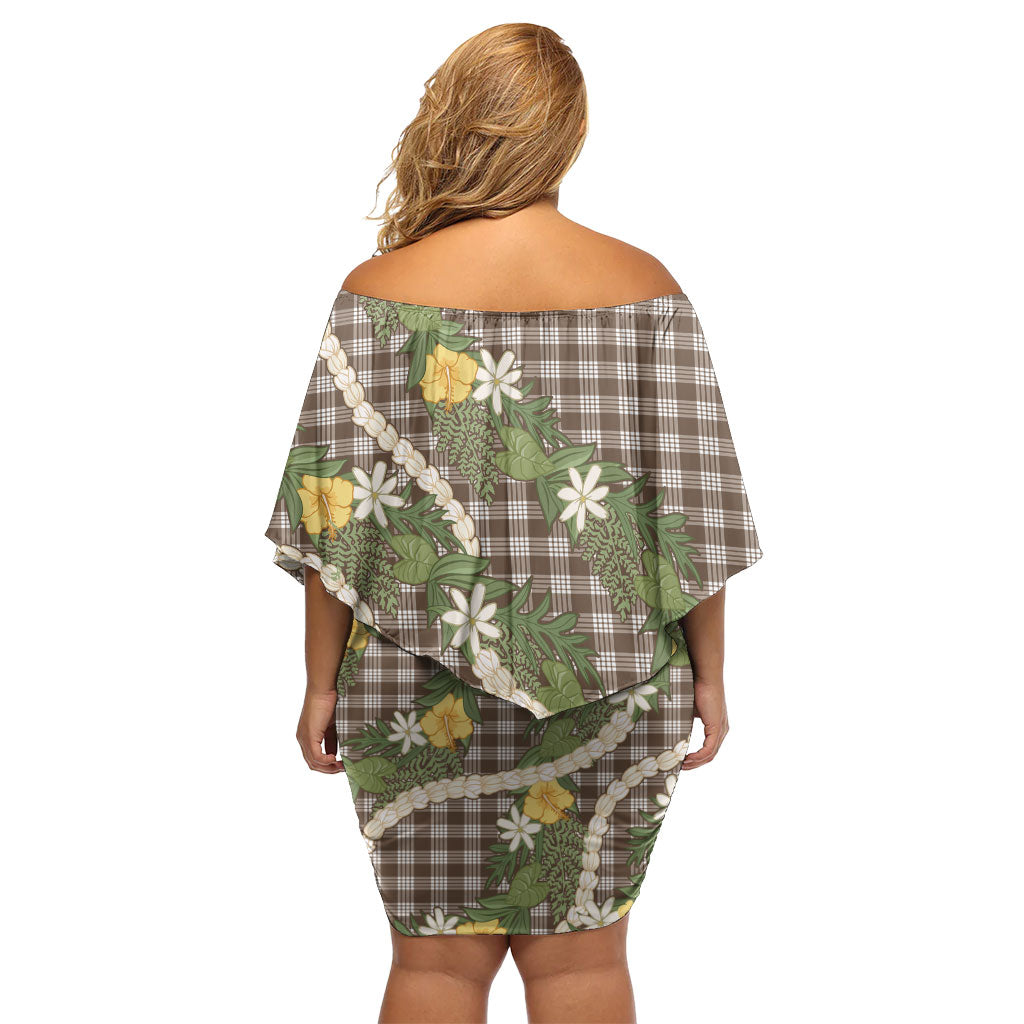 Aloha Puakenikeni Anthurium Pikake Lei Family Matching Off Shoulder Short Dress and Hawaiian Shirt Chocolate Hawaiian Palaka Pattern