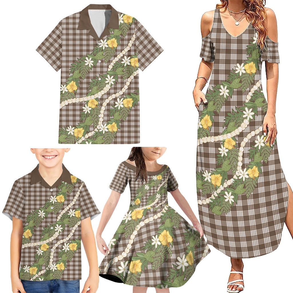 Aloha Puakenikeni Anthurium Pikake Lei Family Matching Summer Maxi Dress and Hawaiian Shirt Chocolate Hawaiian Palaka Pattern