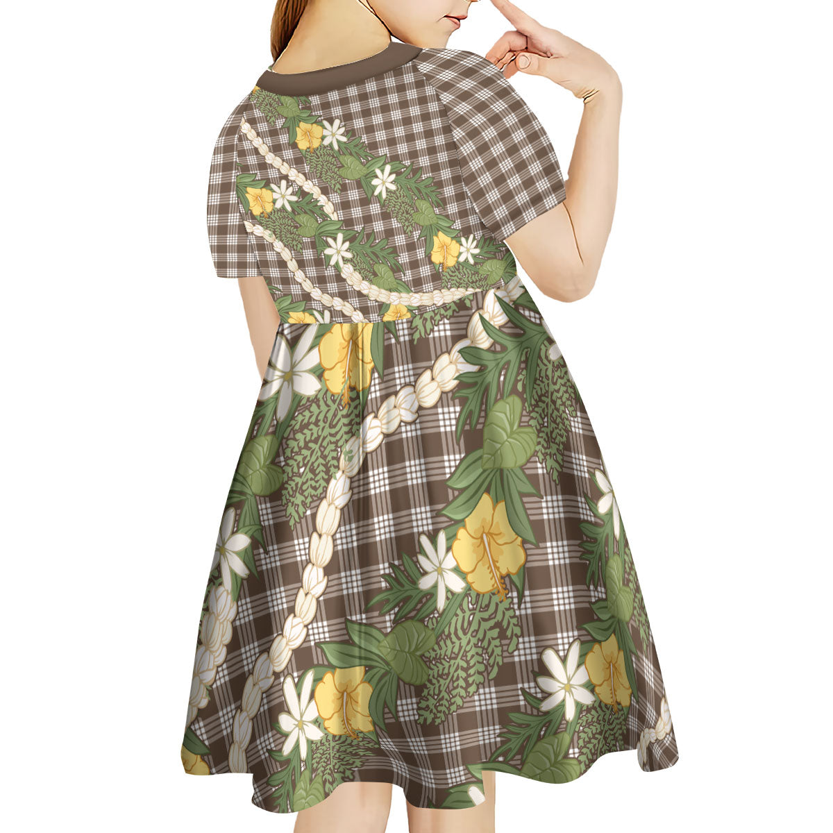 Aloha Puakenikeni Anthurium Pikake Lei Kid Short Sleeve Dress Chocolate Hawaiian Palaka Pattern