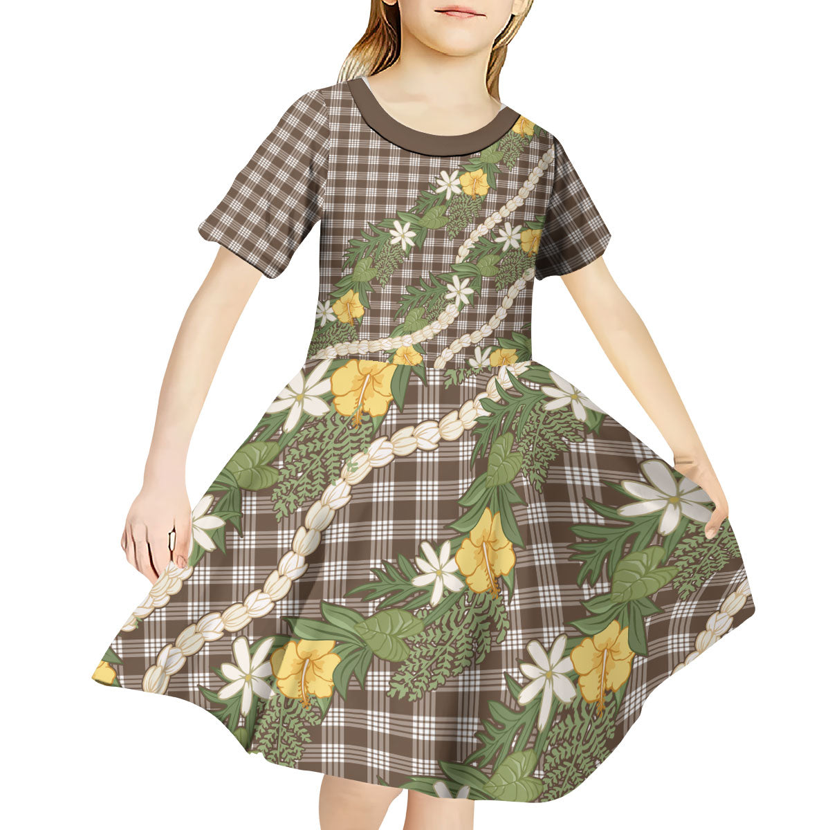 Aloha Puakenikeni Anthurium Pikake Lei Kid Short Sleeve Dress Chocolate Hawaiian Palaka Pattern