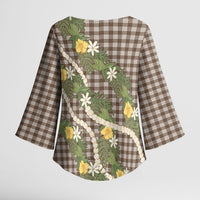 Aloha Puakenikeni Anthurium Pikake Lei Kimono Sleeve Blouse Chocolate Hawaiian Palaka Pattern