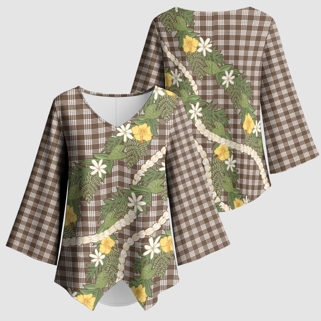 Aloha Puakenikeni Anthurium Pikake Lei Kimono Sleeve Blouse Chocolate Hawaiian Palaka Pattern