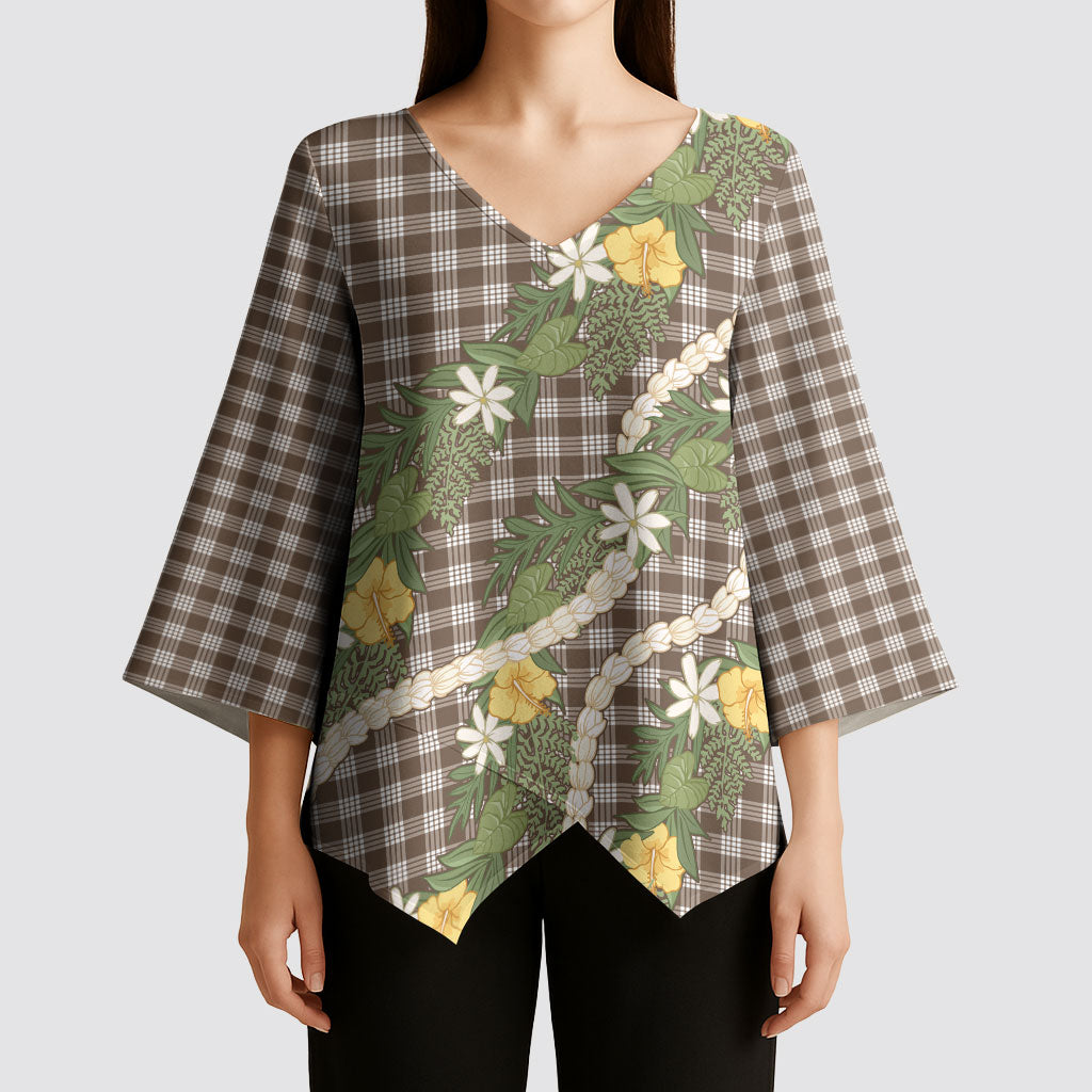 Aloha Puakenikeni Anthurium Pikake Lei Kimono Sleeve Blouse Chocolate Hawaiian Palaka Pattern