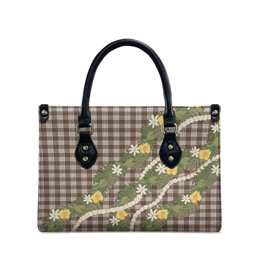 Aloha Puakenikeni Anthurium Pikake Lei Leather Bag Chocolate Hawaiian Palaka Pattern