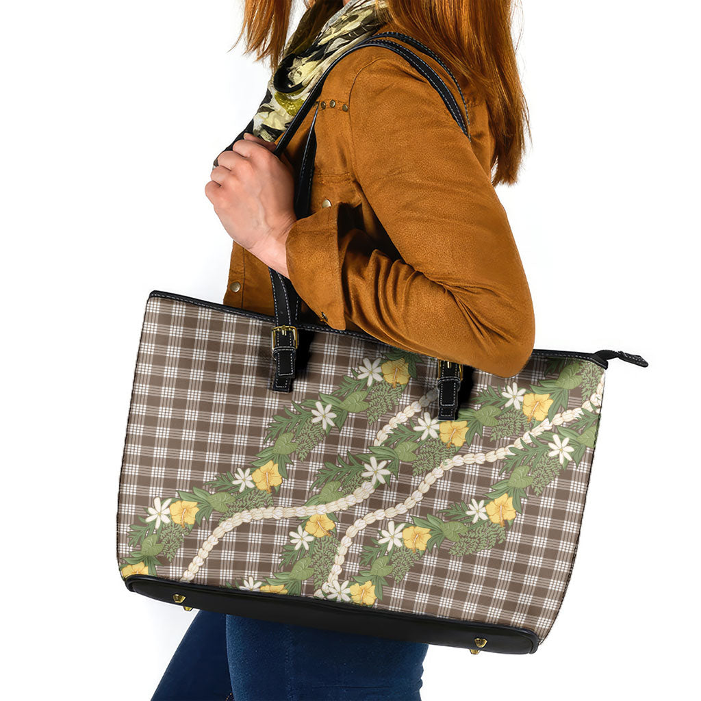Aloha Puakenikeni Anthurium Pikake Lei Leather Tote Bag Chocolate Hawaiian Palaka Pattern