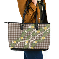 Aloha Puakenikeni Anthurium Pikake Lei Leather Tote Bag Chocolate Hawaiian Palaka Pattern