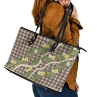 Aloha Puakenikeni Anthurium Pikake Lei Leather Tote Bag Chocolate Hawaiian Palaka Pattern