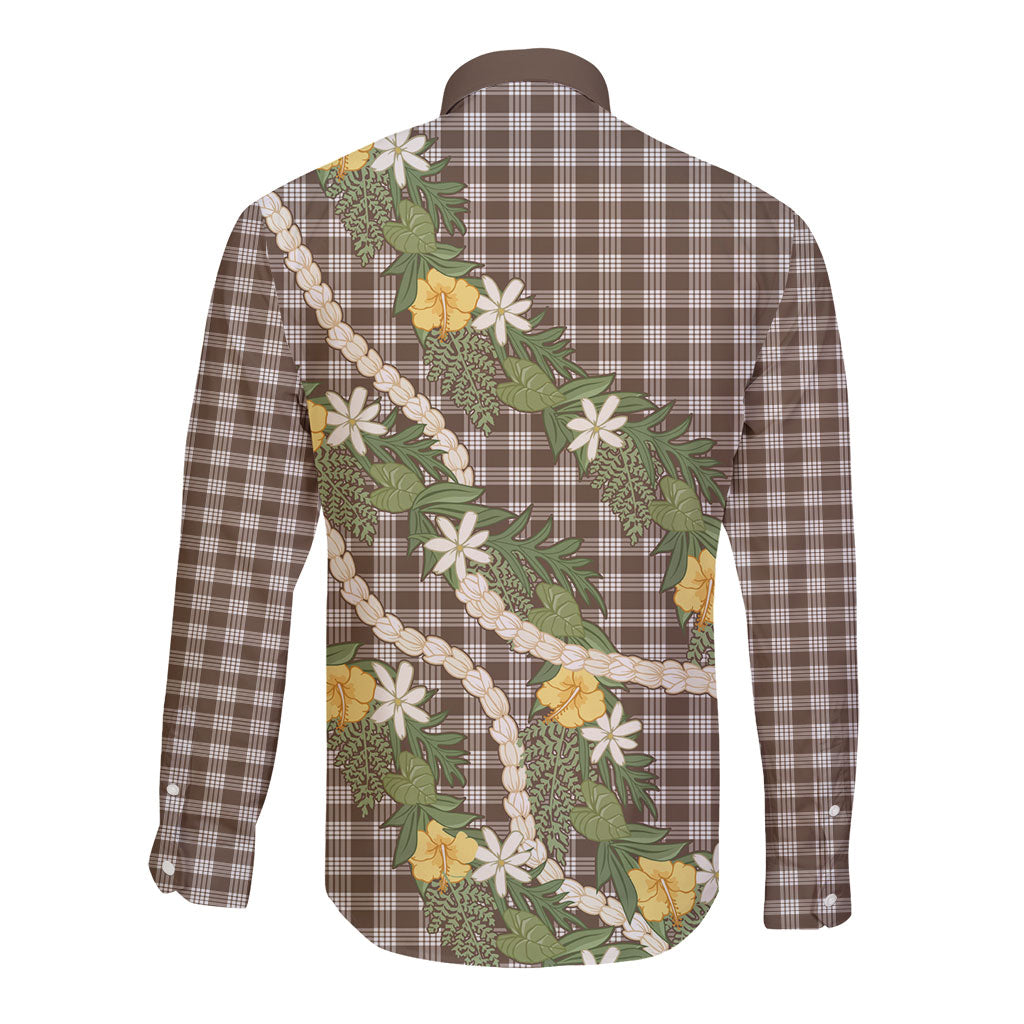 Aloha Puakenikeni Anthurium Pikake Lei Long Sleeve Button Shirt Chocolate Hawaiian Palaka Pattern