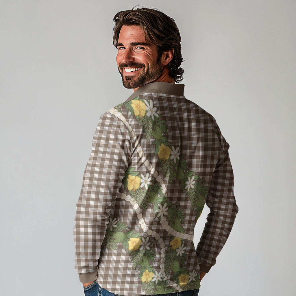 Aloha Puakenikeni Anthurium Pikake Lei Long Sleeve Polo Shirt Chocolate Hawaiian Palaka Pattern