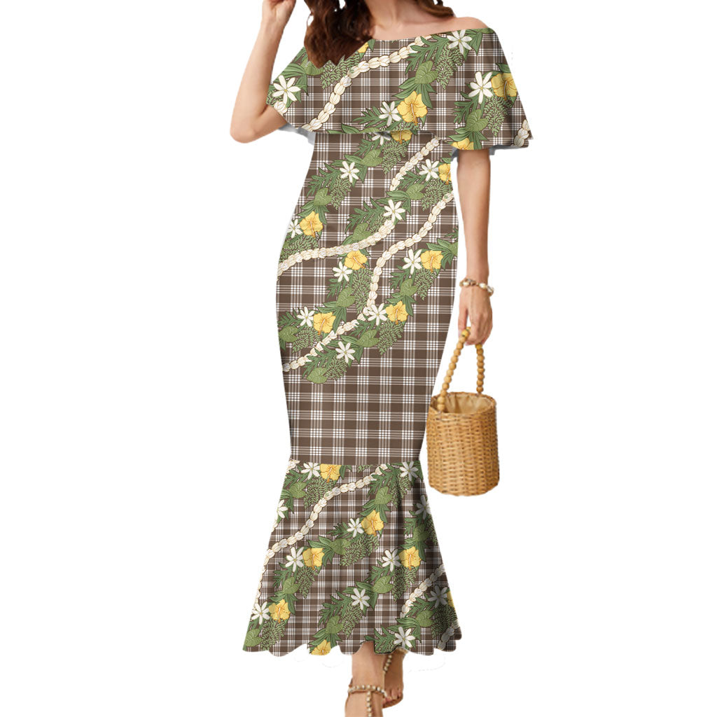 Aloha Puakenikeni Anthurium Pikake Lei Mermaid Dress Chocolate Hawaiian Palaka Pattern LT9 Women Chocolate - Polynesian Pride
