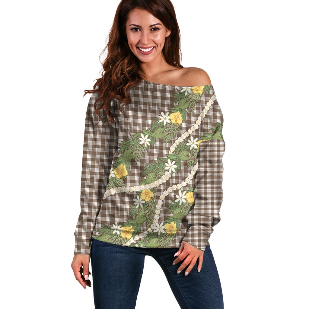 Aloha Puakenikeni Anthurium Pikake Lei Off Shoulder Sweater Chocolate Hawaiian Palaka Pattern