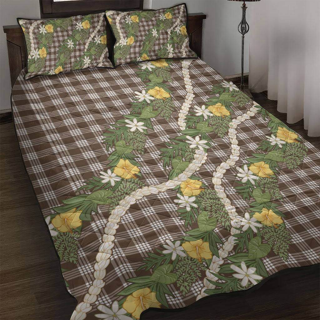 Aloha Puakenikeni Anthurium Pikake Lei Quilt Bed Set Chocolate Hawaiian Palaka Pattern