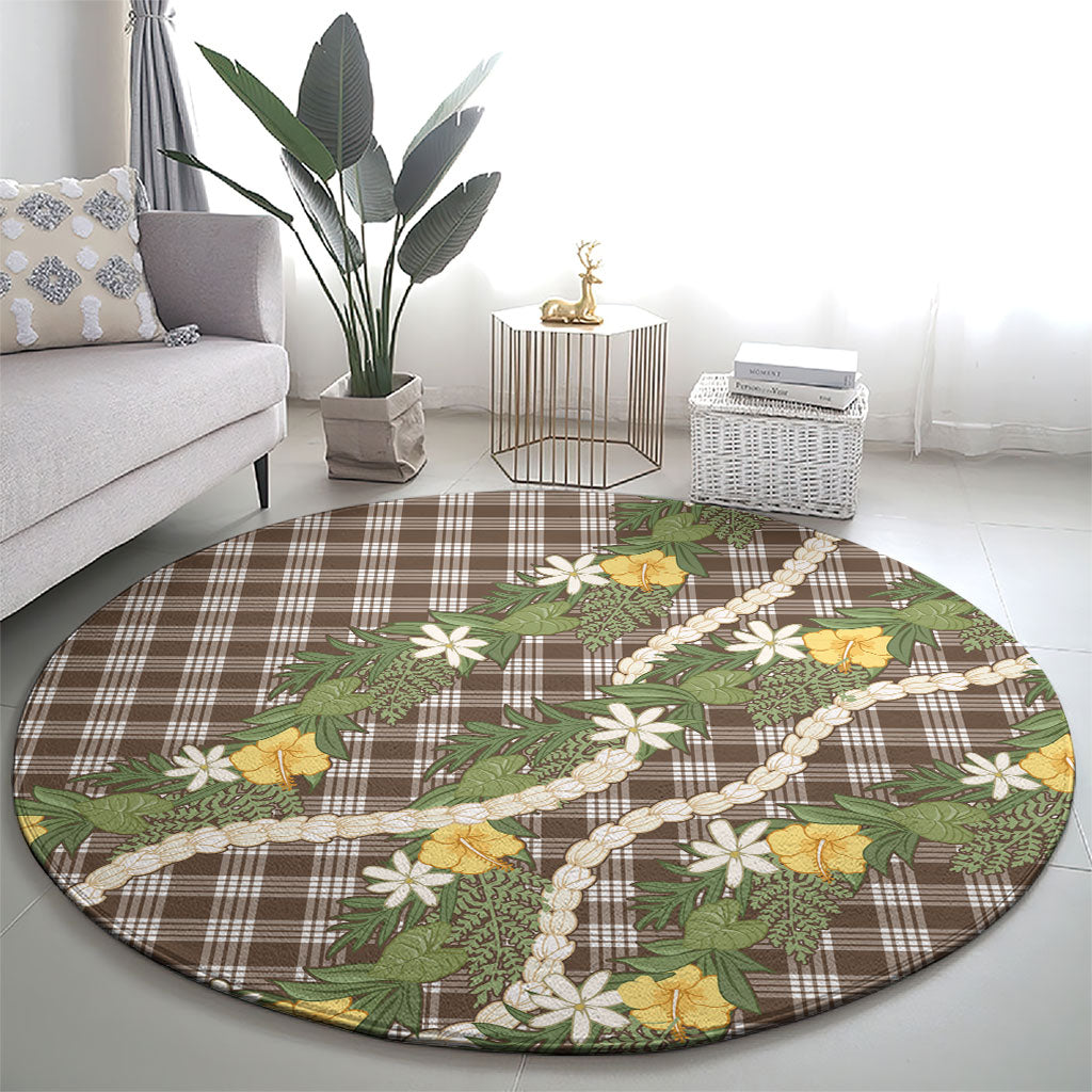 Aloha Puakenikeni Anthurium Pikake Lei Round Carpet Chocolate Hawaiian Palaka Pattern