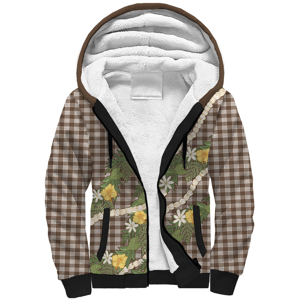 Aloha Puakenikeni Anthurium Pikake Lei Sherpa Hoodie Chocolate Hawaiian Palaka Pattern