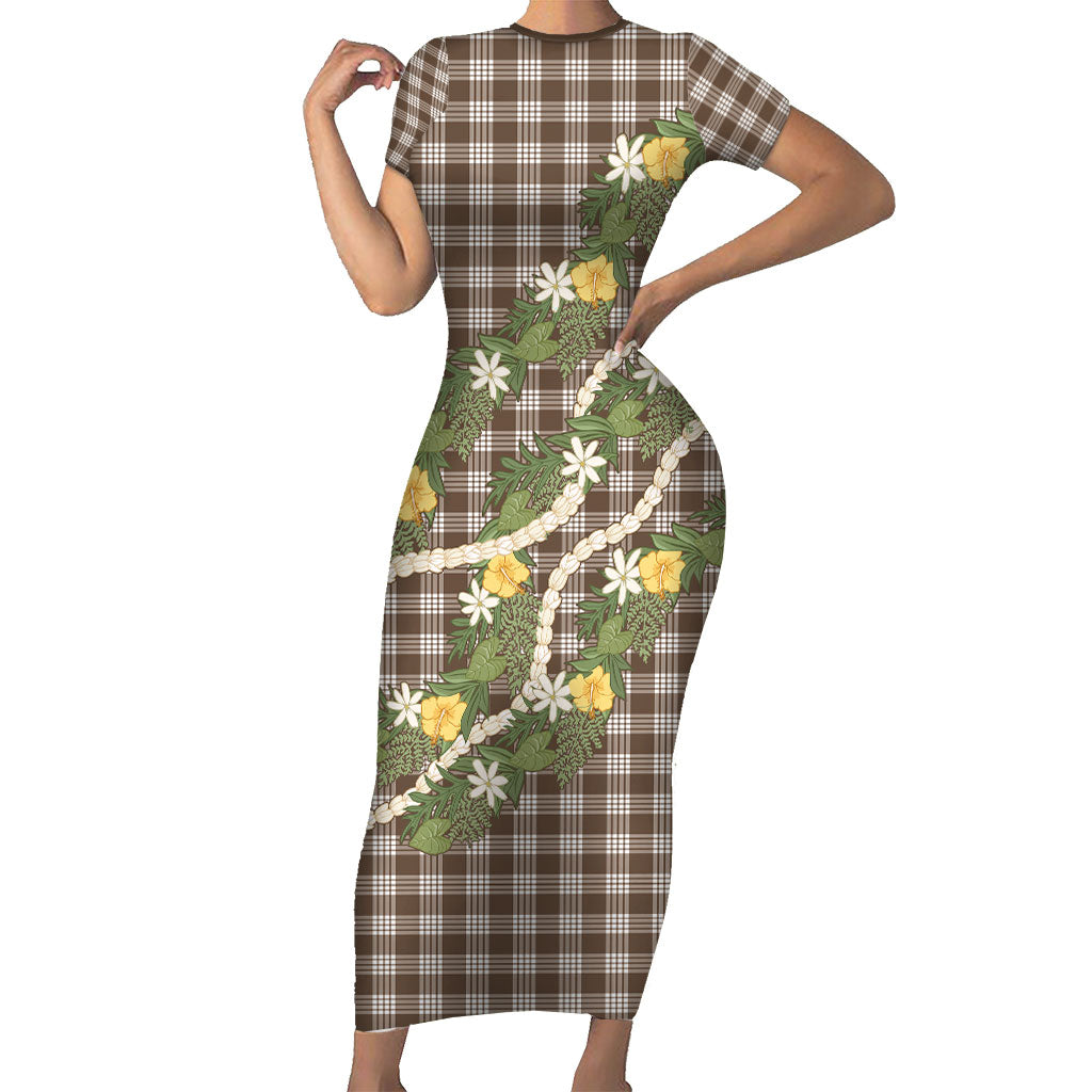Aloha Puakenikeni Anthurium Pikake Lei Short Sleeve Bodycon Dress Chocolate Hawaiian Palaka Pattern LT9 Long Dress Chocolate - Polynesian Pride