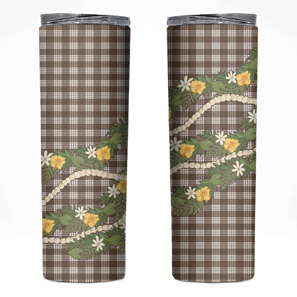Aloha Puakenikeni Anthurium Pikake Lei Skinny Tumbler Chocolate Hawaiian Palaka Pattern
