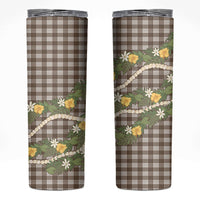 Aloha Puakenikeni Anthurium Pikake Lei Skinny Tumbler Chocolate Hawaiian Palaka Pattern