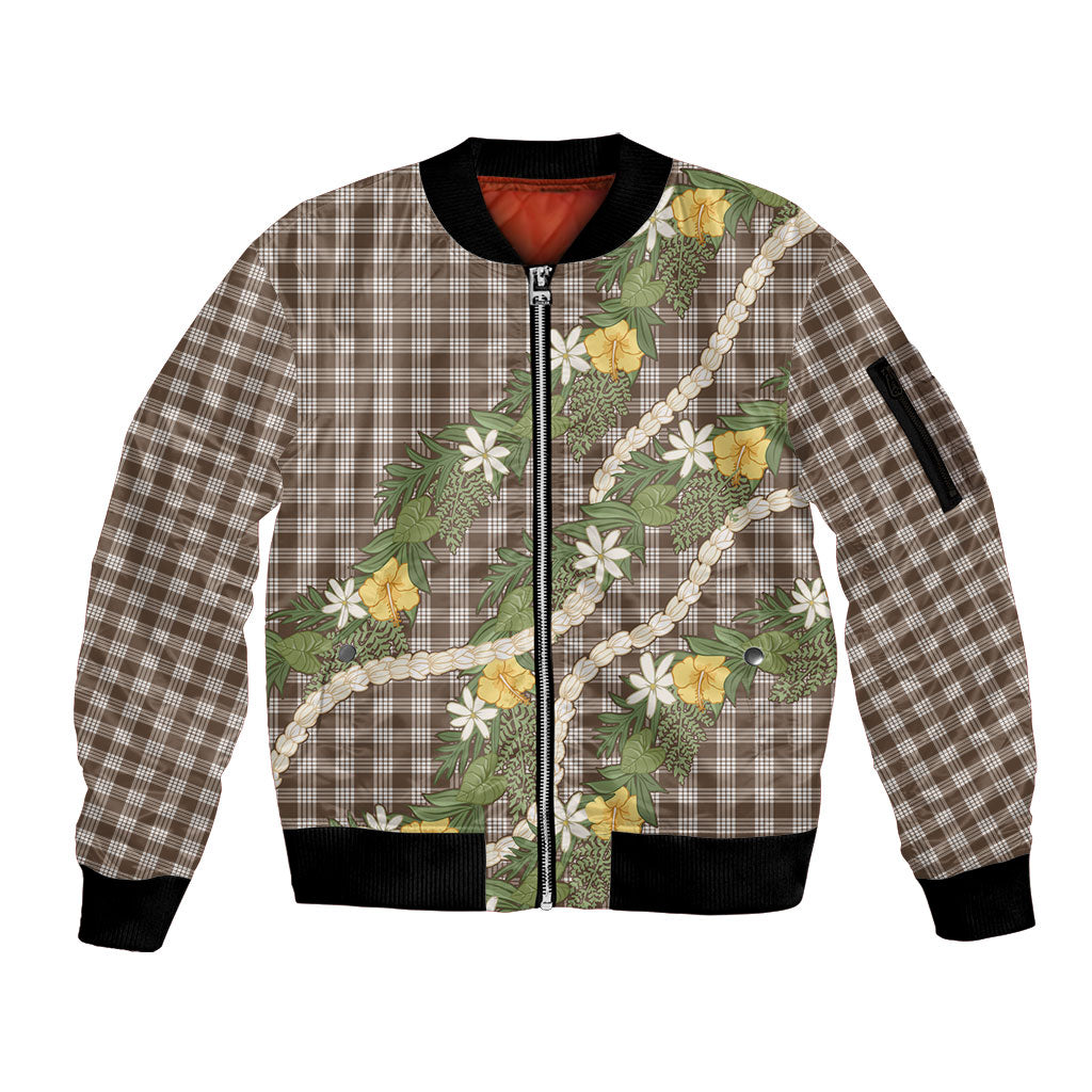 Aloha Puakenikeni Anthurium Pikake Lei Sleeve Zip Bomber Jacket Chocolate Hawaiian Palaka Pattern LT9 Unisex Chocolate - Polynesian Pride