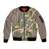 Aloha Puakenikeni Anthurium Pikake Lei Sleeve Zip Bomber Jacket Chocolate Hawaiian Palaka Pattern