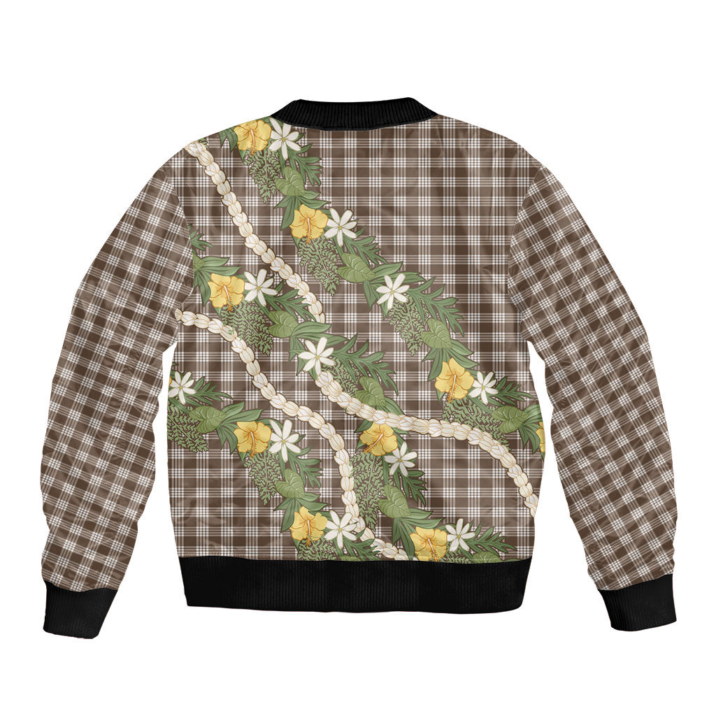 Aloha Puakenikeni Anthurium Pikake Lei Sleeve Zip Bomber Jacket Chocolate Hawaiian Palaka Pattern