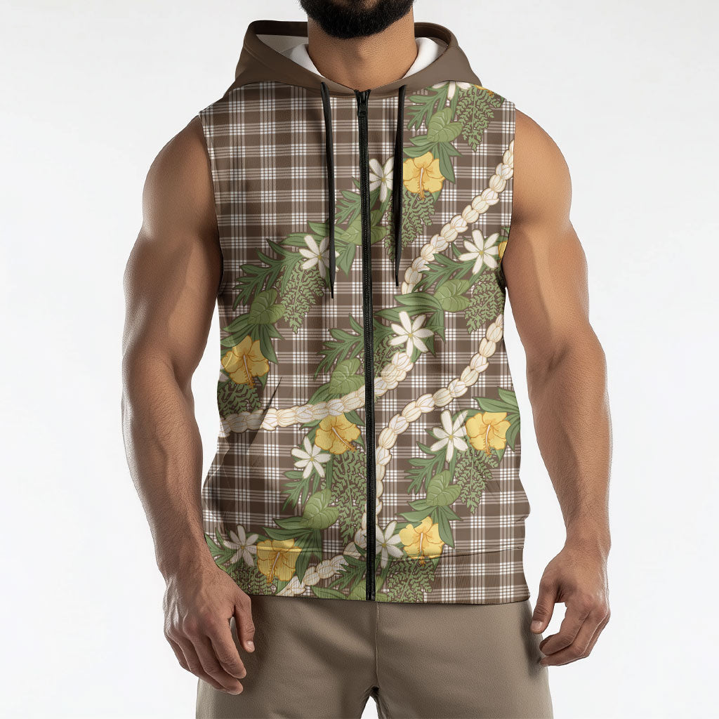 Aloha Puakenikeni Anthurium Pikake Lei Sleeveless Zip Hoodie Chocolate Hawaiian Palaka Pattern